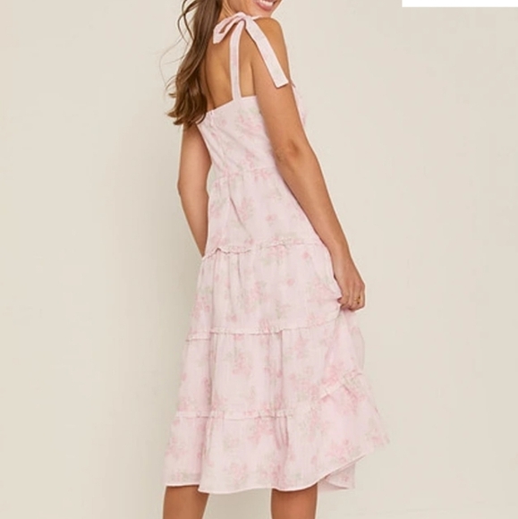 Francesca's Preppy Ellena Tie Strap Ruffle Tiered Midi Milkmaid Dress in Pink M - Picture 5 of 16